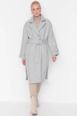 Gray Belted Oversize Cachet Coat