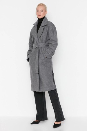 Gray Belted Oversize Cachet Coat