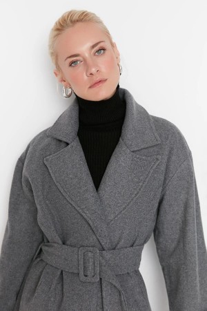 Gray Belted Oversize Cachet Coat