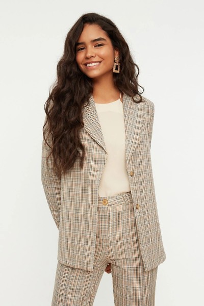 Beige Plaid Blazer Jacket